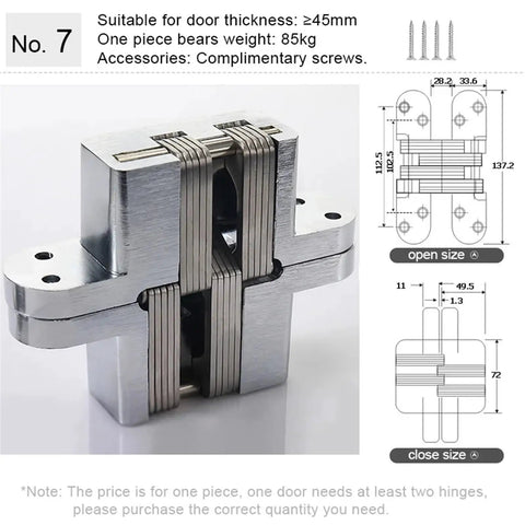 Built Tough Hidden Cabinet Hinges With Silky Smooth Glide Track For Folding Doors And Wood Boxes 180 Degree Swing Seamless Flush Install Satin Silver Finish Includes All Mounting Screws, close-up view showing designs and dimensions.
