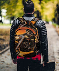 Person wearing Sunset Rider Printed Unisex Backpack with large capacity, durable polyester, breathable design, in a park setting.
