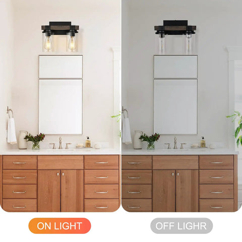 Farmhouse Wood Black Vanity Light Fixture Dope Two Light Rustic Wall Sconce With Clear Glass Shade in bathroom setting lit and unlit