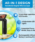 800X Handheld Digital Microscope With 2 Inch LCD Screen, Adjustable LED Lights, Pocket Microscope For Curious Kiddos, Coin Magnifier Camera, USB To PC, Great For STEM Projects And Immersive Micro World Exploration. Black handheld digital microscope with 2-inch LCD.