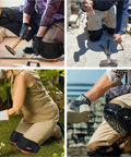 Two Piece Heavy Duty Knee Pads Featuring Thick Gel Cushion And Secure Non Slip Straps Engineered For Flooring Construction And Gardening in use.