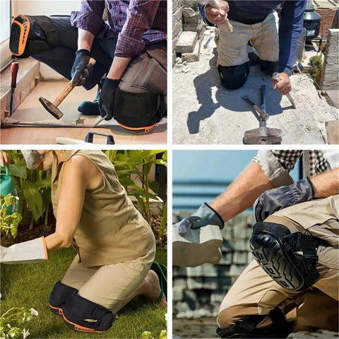 Two Piece Heavy Duty Knee Pads Featuring Thick Gel Cushion And Secure Non Slip Straps Engineered For Flooring Construction And Gardening in use.