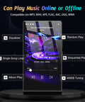 Android 13 MP3 Player With Bluetooth And WiFi, 5 Inch HD Display showing music player interface on screen, black background