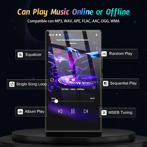 Android 13 MP3 Player With Bluetooth And WiFi, 5 Inch HD Display showing music player interface on screen, black background