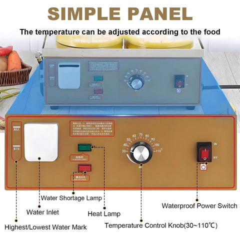 Electric Dim Sum Steamer Machine With Dry Boil Alarm Four Hole Design control panel with temperature knobs and switches.