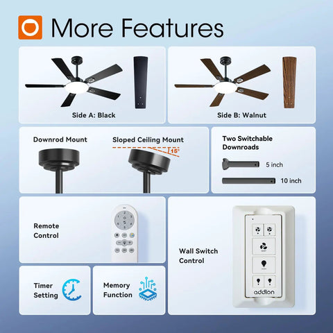 52 Inch Black Ceiling Fan With Lights Remote And Reversible Blades 3 CCT Dimmable Whisper Quiet DC Motor features diagram