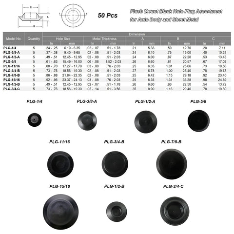 Diagram of 50 Pack Plastic Hole Plugs For Auto Body And Sheet Metal, showing various hole plug sizes and specifications.