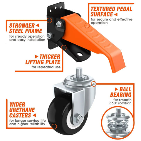 Retractable Caster Wheels Kit For Workbench 660 Lbs Capacity Set feature textured pedal steel frame and urethane casters