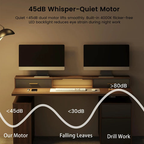 Premium 63 Inch Electric Height Adjustable Standing Desk With Four Drawer Filing Cabinet Built In Monitor Platform Smooth Glide Motor No Sweat Assembly Top Tier Workspace Gear For Busy Pros showcasing a whisper-quiet motor and LED backlight.