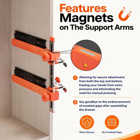 Pro Grade Drawer Slide Installation Jig With Knockout Toggle Clamp And Magnetic Aligner, showing magnetic support arms on cabinet.
