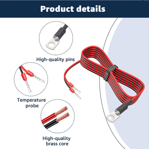 Front view: Temperature sensor replacement cable for Victron Energy inverter/charger; red/black wiring with ring terminals