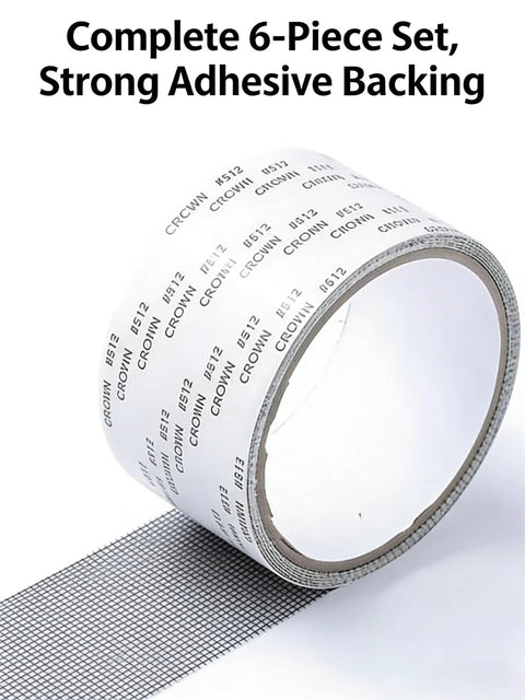 Self-Adhesive Mesh Tape For Window Screen Repair Patch roll showing strong adhesive side and mesh, value pack of 6.