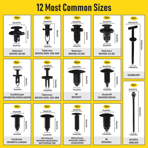12 common sizes from 260 Piece Car Bumper Retainer Clips Kit With Plastic Rivets And Push Fasteners displayed in grid layout