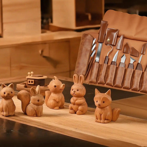 Wood Carving Kit 17Pcs With Whittling Knives And Detail Carving Tools For Beginners And Adults, Professional Woodworking Set displayed with carved animals