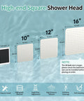 Comparison of shower heads ranging from 10 to 16 inches, highlighting Mega Sized 16 Inch Brushed Nickel Rain Shower Head With 304 Stainless Steel Construction High Pressure Rainfall Ultra Thin Water Saving Design For A Powerhouse Shower Experience.