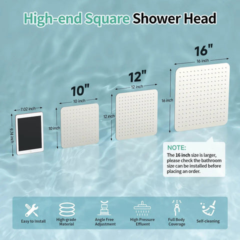Comparison of shower heads ranging from 10 to 16 inches, highlighting Mega Sized 16 Inch Brushed Nickel Rain Shower Head With 304 Stainless Steel Construction High Pressure Rainfall Ultra Thin Water Saving Design For A Powerhouse Shower Experience.