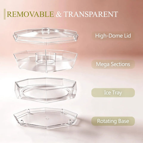 Five Compartment Chilled Serving Lazy Susan With Secure Hinged Lid, Divided Plastic Condiment Caddy parts view with transparent lid and trays.