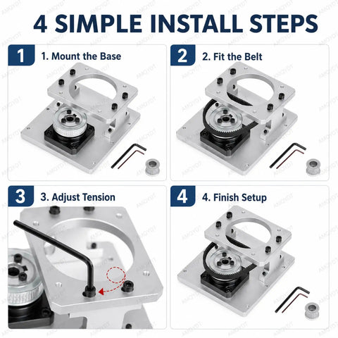 4 installation steps for Rock Solid Hollow Rotary Actuator With Fine Tune Belt Tension CNC Machined Aluminum Plate for 86mm stepper motor.