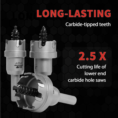 Heavy Duty Carbide Hole Saw Kit For Stainless Steel With 7/8, 1 1/8, And 1 3/8 Inch Diameters, Integrated Pilot Bits