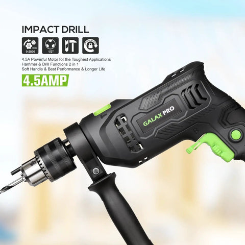 Side view of Beast Corded Hammer Drill With 4.5 Amp Motor 0 To 3000 RPM 1/2 Inch Keyed Metal Chuck 2 In 1, showing handle and chuck.
