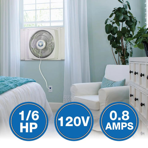 16-Inch Window Fan With Storm Guard installed in bedroom window, showing impact-resistant plastic housing, white color, and power details.