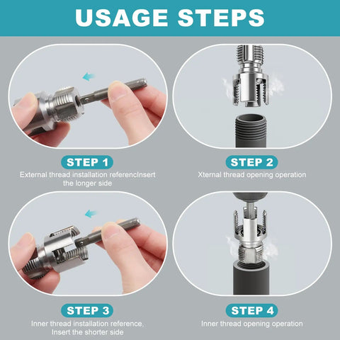 Two Piece PVC Pipe Threader Tool Set With One Half Inch And Three Quarter Inch Heads For Pipes Internal And External Threading Electric Drill Compatible Carbon Steel With Protective Coating For DIY Home Plumbing step-by-step usage instructions.