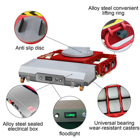 Jin Yang Hu Heavy Duty 50 Ton Electric Machine Dolly Skate showing anti-slip disc, lifting ring, electrical box, floodlight, and casters.