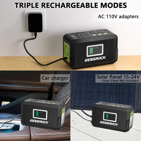 Portable Power Station 120W Peak 220W 88Wh Solar Generator showing triple recharge modes: AC, car, solar