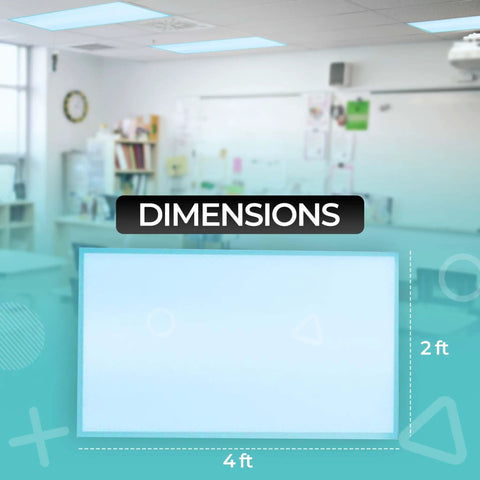 Fluorescent Light Covers For Ceiling Lights 48 By 24 Magnetic Filter 4 Pack Sky Blue Cut Glare And Flicker For Office Home And Hospitals Comfort And Eye Strain Relief showing dimensions in a classroom setting.