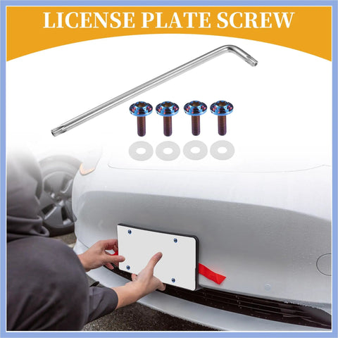 Quarter Inch M6 Universal Anti Theft License Plate Screws With Four Silicone Washers Titanium Alloy Deep Blue Durable Security Bolts Kit For Car Tag Frame Holder displayed with wrench beside person installing on car