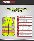 Heavy Duty Class 2 High Visibility Reflective Safety Vest With Ten Pockets And Zipper Closure showing multifunctional pocket features.