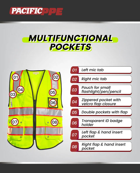 Heavy Duty Class 2 High Visibility Reflective Safety Vest With Ten Pockets And Zipper Closure showing multifunctional pocket features.