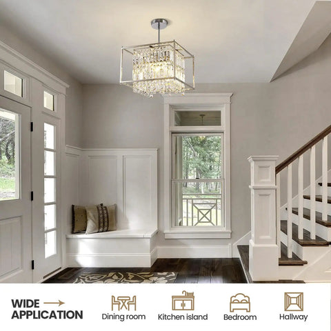 Raindrop Crystal Pendant Light For Kitchen Island With Adjustable Height And Chrome Frame Dope Modern Farmhouse Chandelier Ceiling Fixture For Living Room Hallway And Foyer Recessed Or Pendant Style in a bright foyer with wooden floors.