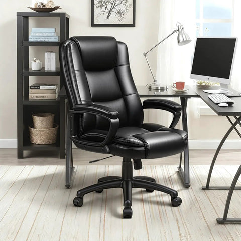 Leather Office Chair With Ergonomic Lumbar Support And Adjustable Armrests in a home office setting