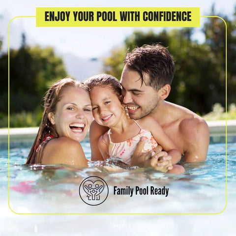 Family enjoying a pool day, showcasing laughter and joy with confidence, enjoying time together after using Slick UV Dye Kit For Finding Pool Leaks In Inground And Above Ground Pools Spa Or Hot Tub Plug Those Holes Fast With No Sweat Precision And High Contrast Glow.