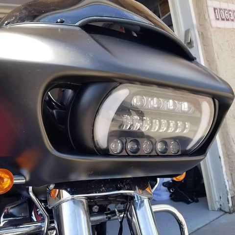 Close-up of Road Glide LED Headlight Upgrade For Harley Davidson 2015 2016 2017 2018 2019 2020 2021 2022 2023 dual beam lights
