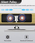 Close-up of Double Track Bypass Barn Door Hardware Kit For Aluminum Sliding Pocket Door Track, Room Divider Or Closet Use, Smooth Quiet Bypass With 4 Wheel Silent Rollers, Zinc Alloy And Nylon Construction, Includes Bottom Guide, Silver 50 Cm showing silent pulley and rollers.