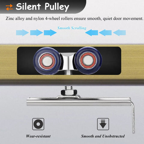 Close-up of silent pulley with zinc alloy and nylon rollers for Butter Smooth Double Sliding Barn Door Track System With Heavy Duty Aluminum Hardware And Seamless Wheel Kit, Twenty Four Inch Rail For Interiors, No Sweat Setup, Brushed Silver Finish.