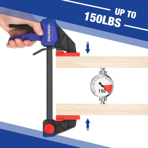One Handed Bar Clamps Set for Woodworking, Six Pack Quick Change F Clamp and Spreader holding wooden pieces, 150 lbs load