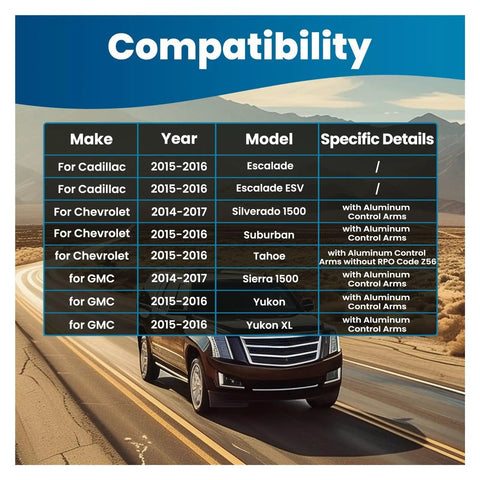 Compatibility chart for Front Lower Control Arm Ball Joint Suspension Kit For Chevy Silverado 2014 2015 2016 2017 Replacement OEM