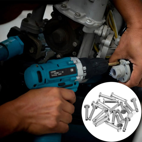 Person using drill for mechanical repair with 20 Piece Stainless Steel Clevis Pin Kit With Flat Head Single Hole Pins, inset of pins