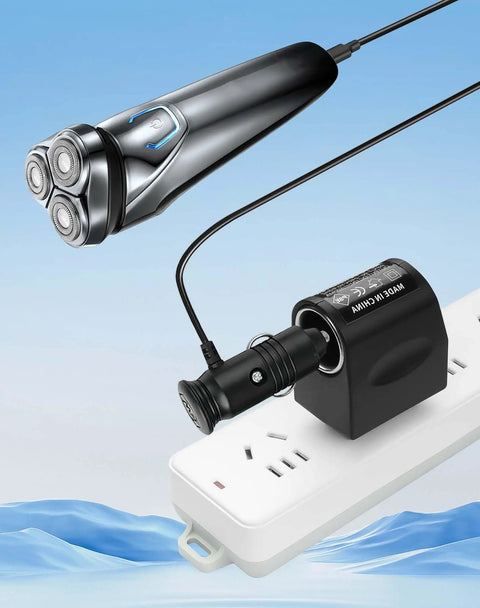 Smooth Plug And Play Ac To Dc Power Adapter connected to an electric razor and wall power socket, showcasing charging capabilities.