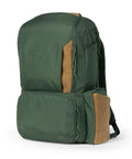 Hunter green dad friendly diaper bag backpack with dual compartments and removable cooler, rugged and water resistant design.