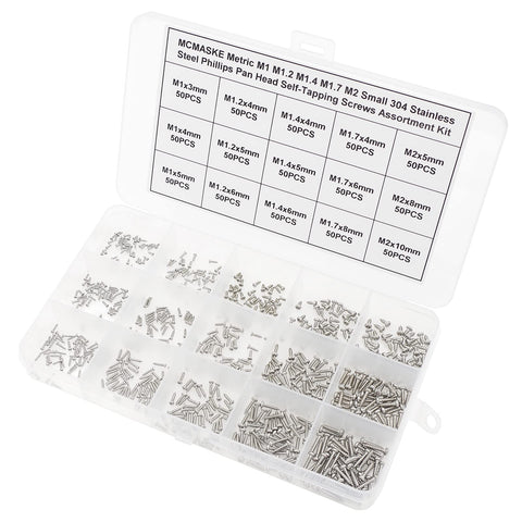 Metric M1 To M2 Stainless Steel Phillips Pan Head Self Tapping Screws 750 Piece Assortment Kit In 304 Stainless case