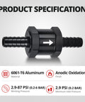 Five Sixteenths Inch Inline Fuel Check Valve One Way Non Return For Diesel And Gasoline Aluminum 6061 T6 Black Finish