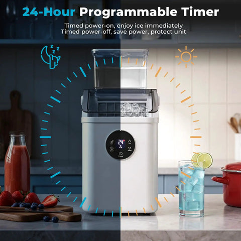Top Tier Countertop Ice Cube Maker Delivers Legit Square Ice In Mere Minutes While Pulling 26 Pounds Per Day set with 24-hour timer.