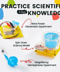 Six In One STEM Home Lab Science Kit for Kids Aged 8 to 12 with brine power, spin dryer, and Magdeburg hemisphere models.