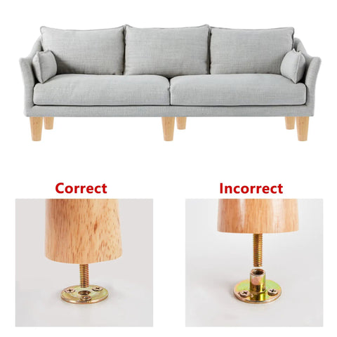 Comparison of correct and incorrect installation of Wood Furniture Legs 4 Inch Straight Replacement Feet for sofa.