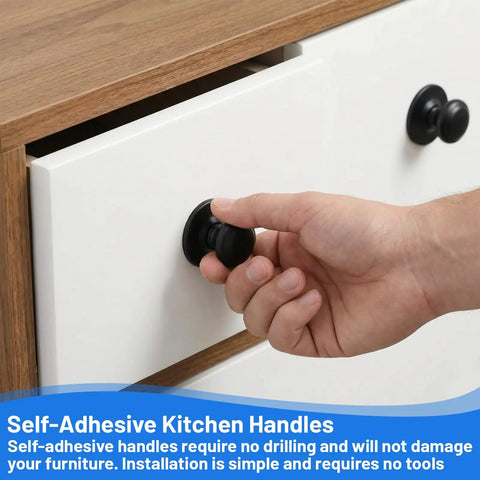 Hand installing 6 Pack Black Self Adhesive Cabinet Knobs No Drill Stick On Hardware Handles on white drawer