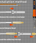 Heat Set Insert Tool Kit With 90W Digital Soldering Iron, instruction diagram showing assembly steps for components.